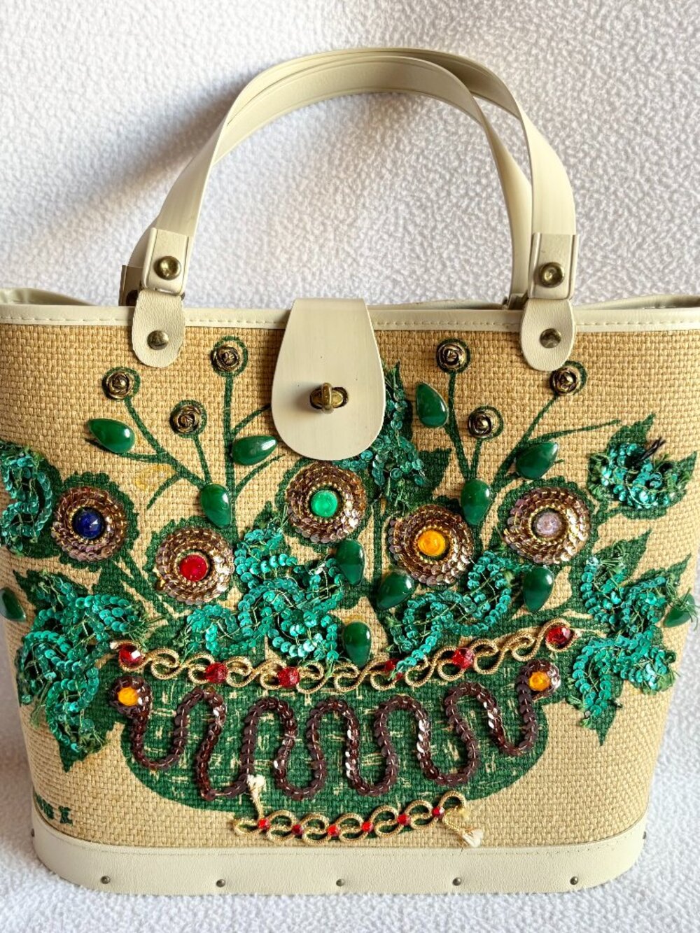 1960s Soure Canvas Beaded Floral Handbag Purse